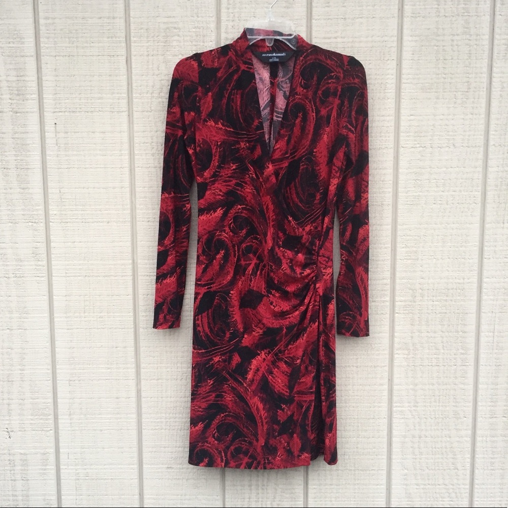 Norma Kamali Christmas red & black drape dress